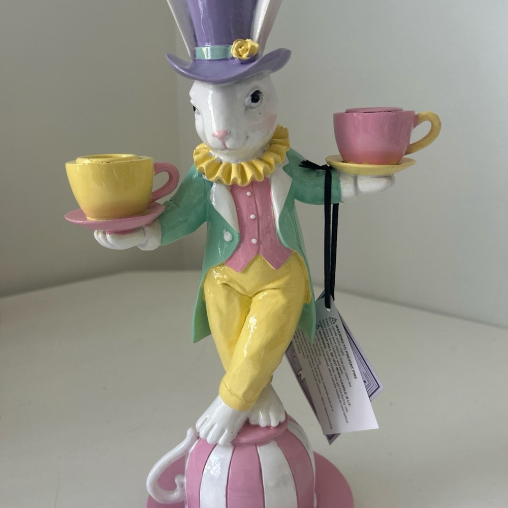 Easter Bunny Teacup Figurine Whimsical Candle Holder Decor - Picture 3 of 16